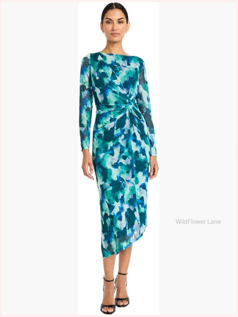 Boat Neck Long Sleeve Asymmetrical Hem Midi Dress Special Occasion